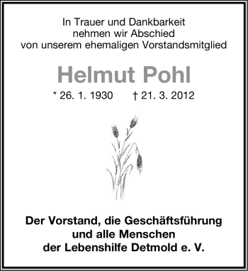 Anzeige  Helmut Pohl  Lippische Landes-Zeitung