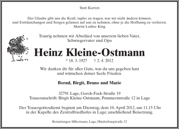 Anzeige  Heinz Kleine-Ostmann  Lippische Landes-Zeitung