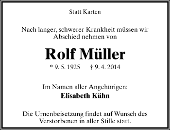 Anzeige  Rolf Müller  Lippische Landes-Zeitung