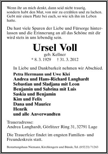 Anzeige  Ursel Voll  Lippische Landes-Zeitung