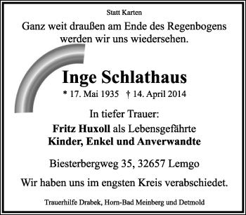 Anzeige  Inge Schlathaus  Lippische Landes-Zeitung