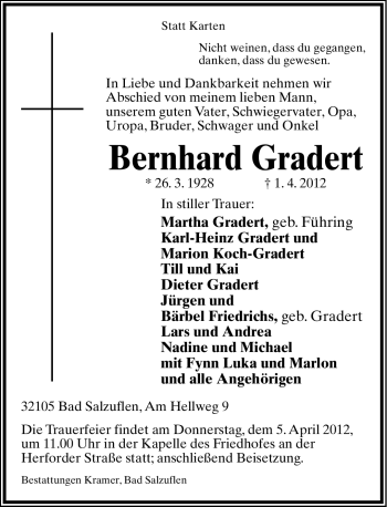 Anzeige  Bernhard Gradert  Lippische Landes-Zeitung