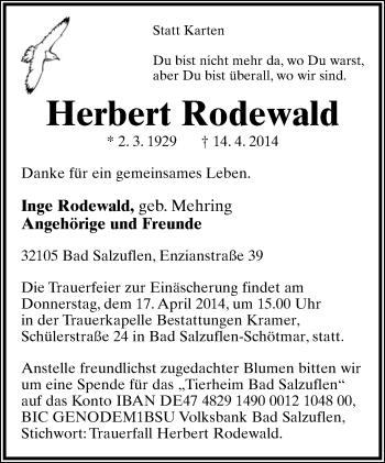 Anzeige  Herbert Rodewald  Lippische Landes-Zeitung