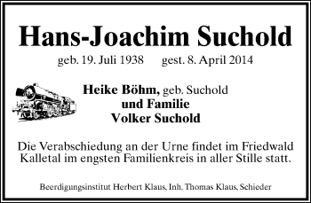 Anzeige  Hans Joachim Suchold  Lippische Landes-Zeitung
