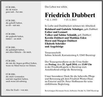 Anzeige  Friedrich Dubbert  Lippische Landes-Zeitung