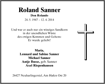 Anzeige  Roland Sanner  Lippische Landes-Zeitung