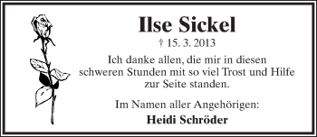 Anzeige  Ilse Sickel  Lippische Landes-Zeitung