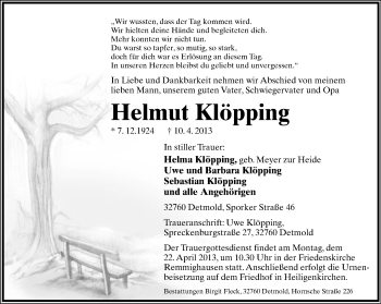 Anzeige  Helmut Klöpping  Lippische Landes-Zeitung
