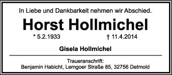 Anzeige  Horst Hollmichel  Lippische Landes-Zeitung