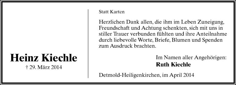  Traueranzeige für Heinz Kiechle vom 18.04.2014 aus Lippische Landes-Zeitung