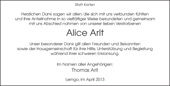 Anzeige  Alice Arlt  Lippische Landes-Zeitung