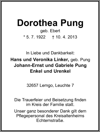 Anzeige  Dorothea Pung  Lippische Landes-Zeitung