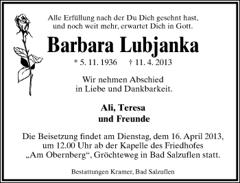 Anzeige  Barbara Lubjanka  Lippische Landes-Zeitung