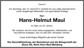 Anzeige  Hans-Helmut Maul  Lippische Landes-Zeitung