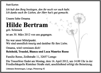 Anzeige  Hilde Bertram  Lippische Landes-Zeitung