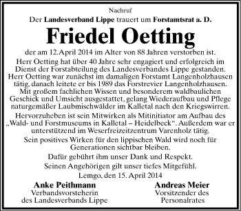 Anzeige  Friedel Oetting  Lippische Landes-Zeitung