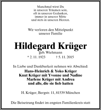 Anzeige  Hildegard Krüger  Lippische Landes-Zeitung