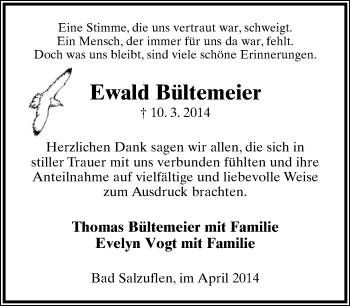 Anzeige  Ewald Bültemeier  Lippische Landes-Zeitung