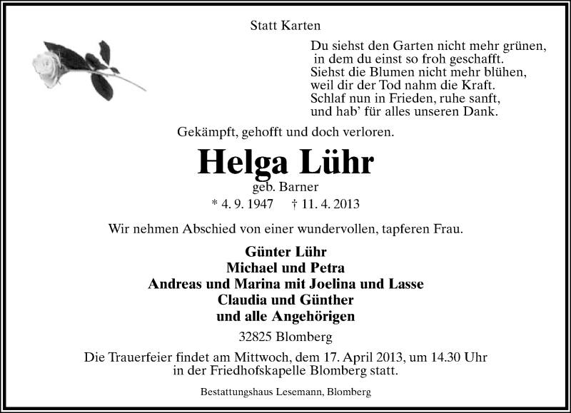  Traueranzeige für Helga Lühr vom 13.04.2013 aus Lippische Landes-Zeitung