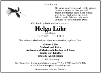 Anzeige  Helga Lühr  Lippische Landes-Zeitung