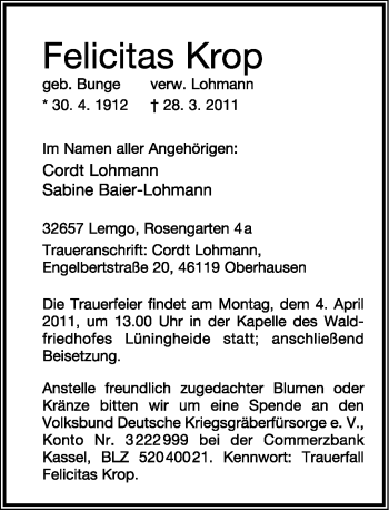 Anzeige  Felicitas Krop  Lippische Landes-Zeitung