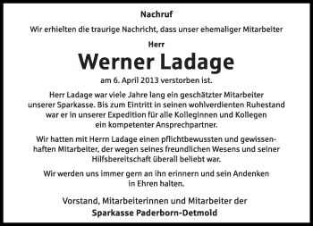 Anzeige  Werner Ladage  Lippische Landes-Zeitung