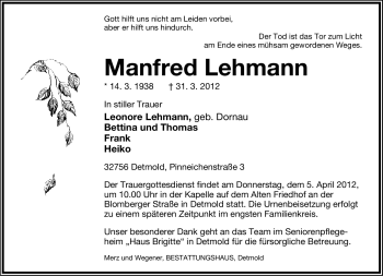 Anzeige  Manfred Lehmann  Lippische Landes-Zeitung