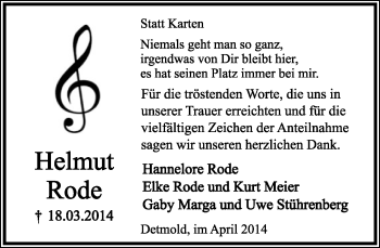 Anzeige  Helmut Rode  Lippische Landes-Zeitung