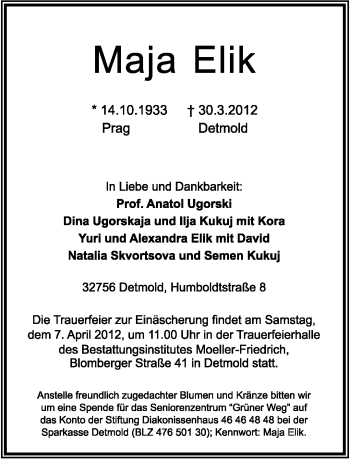 Anzeige  Maja Elik  Lippische Landes-Zeitung