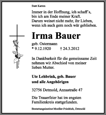 Anzeige  Irma Bauer  Lippische Landes-Zeitung