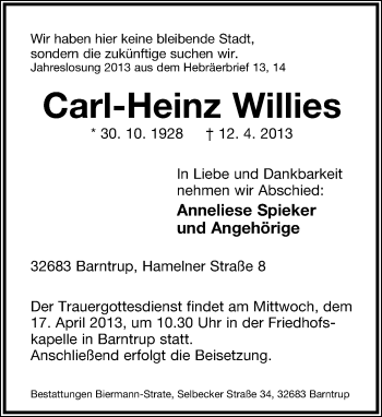 Anzeige  Carl-Heinz Willies  Lippische Landes-Zeitung
