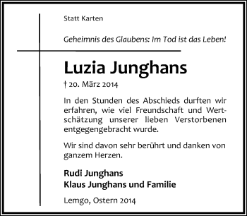 Anzeige  Luzia Junghans  Lippische Landes-Zeitung