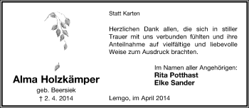 Anzeige  Alma Holzkämper  Lippische Landes-Zeitung