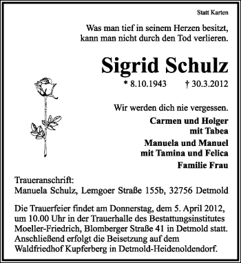 Anzeige  Sigrid Schulz  Lippische Landes-Zeitung