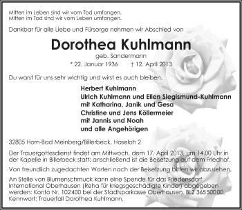 Anzeige  Dorothea Kuhlmann  Lippische Landes-Zeitung