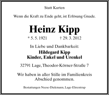 Anzeige  Heinz Kipp  Lippische Landes-Zeitung