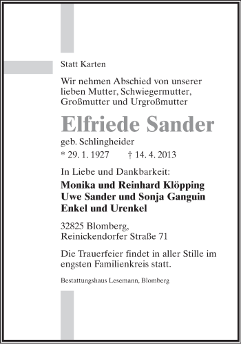 Anzeige  Elfriede Sander  Lippische Landes-Zeitung