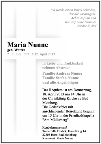 Anzeige  Maria Nunne  Lippische Landes-Zeitung