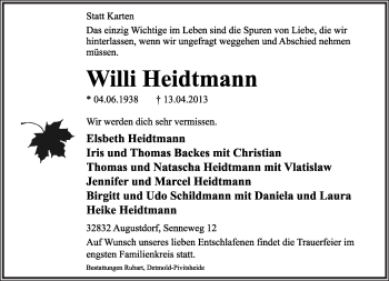 Anzeige  Willi Heidtmann  Lippische Landes-Zeitung