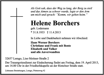 Anzeige  Helene Borchers  Lippische Landes-Zeitung