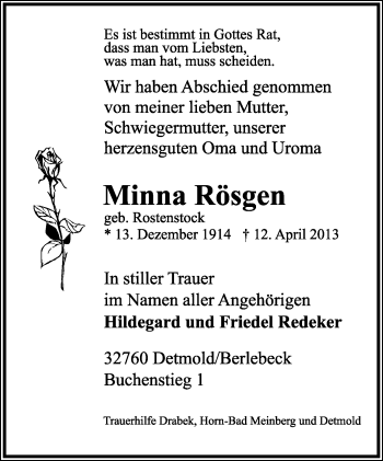 Anzeige  Minna Rösgen  Lippische Landes-Zeitung