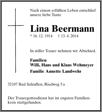Anzeige  Lina Beermann  Lippische Landes-Zeitung