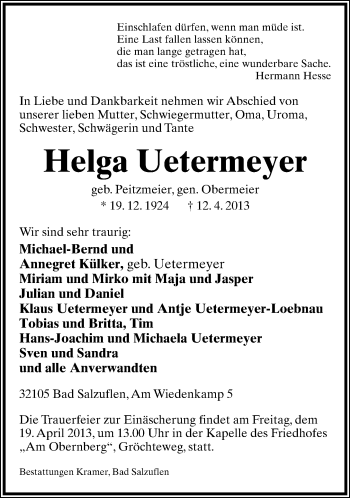 Anzeige  Helga Uetermeyer  Lippische Landes-Zeitung