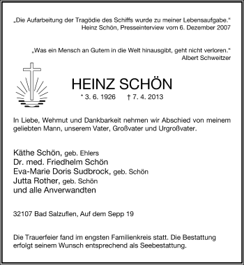 Anzeige  Heinz Schön  Lippische Landes-Zeitung