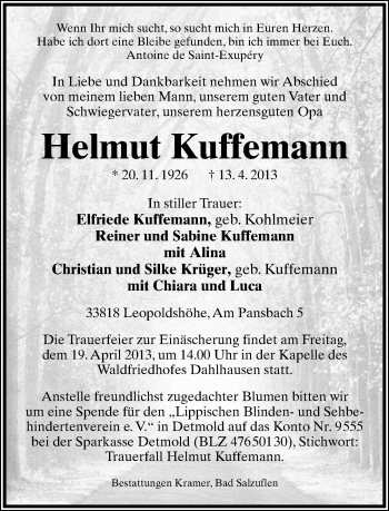 Anzeige  Helmut Kuffemann  Lippische Landes-Zeitung