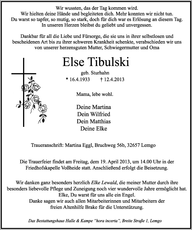 Traueranzeige für Else Tibulski vom 16.04.2013 aus Lippische Landes-Zeitung