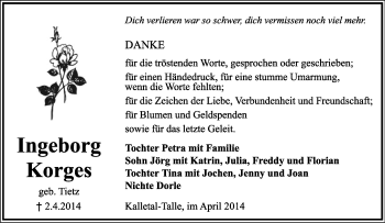 Anzeige  Ingeborg Korges  Lippische Landes-Zeitung