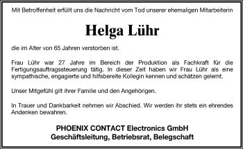 Anzeige  Helga Lühr  Lippische Landes-Zeitung