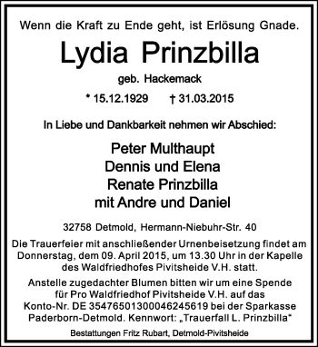 Anzeige  Lydia Prinzbilla  Lippische Landes-Zeitung
