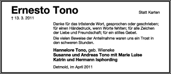 Anzeige  Ernesto Tono  Lippische Landes-Zeitung